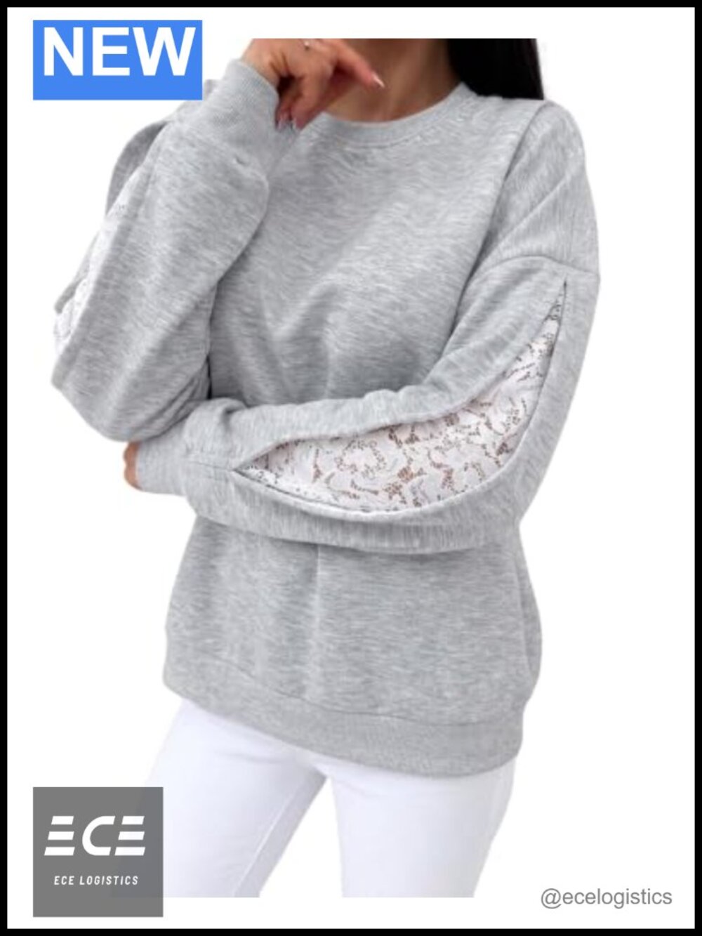 Oversized Sweatshirt Lace Mesh Cutout Sleeve Pullover Fleece Crewneck
